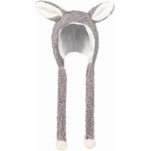 Winter Cute Plush Bear Ear Hat Women Warm Faux Fur Beanie Trapper Hat with Strap Ear Flap Windproof Thick Fuzzy Cap Costume