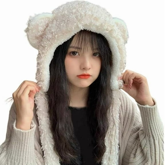 Winter Cute Plush Bear Ear Hat Women Warm Faux Fur Beanie Trapper Hat with Strap Ear Flap Windproof Thick Fuzzy Cap Costume