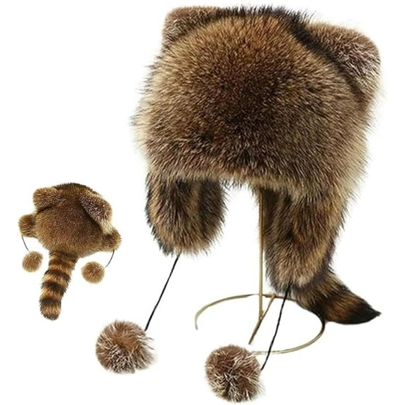 Winter Cute Raccoon Plush Hats, Faux Fur Animal Ear Flap Hat with Tail, Adjustable Fit Warm Raccoon Hat for Adult Kid