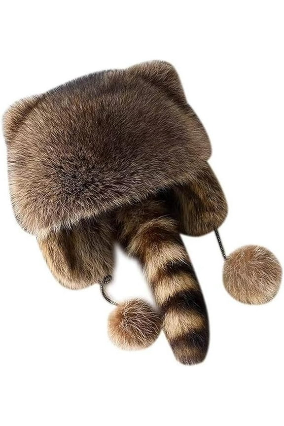 Winter Cute Raccoon Plush Hats, Winter Warm Furry Hat with Tail, Women's Soft Faux Fur Hat, Suitable for Outdoor Cold Weather
