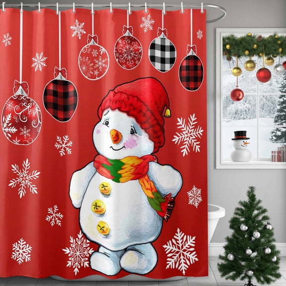 Winter Cute Snowman Shower Curtains for Bathroom, Light Ball Christmas Snowflake Red Waterproof Fabric Shower Curtain for Bathroom Bathtub Decoration, Machine Washable, 72"x84"