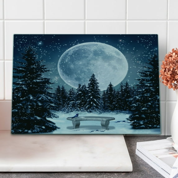Winter Cutting Board, Dreamy Cold Night a Big Full Moon and Bench Park Stars in the Darkness, Decorative Tempered Glass Cutting and Serving Board, Large Size, Blue White, by Ambesonne