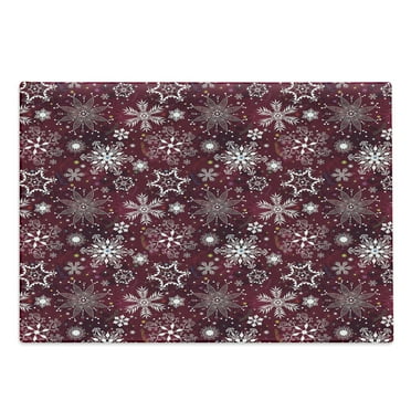 Winter Cutting Board, Floral Flakes with Colorful Swirls Dots and Stars Xmas Party, Decorative Tempered Glass Cutting and Serving Board, Large Size, Maroon White Multicolor, by Ambesonne