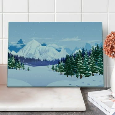 Winter Cutting Board, Graphical Silhouette of a Snowy View with Trees and Mountains Snowflakes, Decorative Tempered Glass Cutting and Serving Board, in 3 Sizes, by Ambesonne
