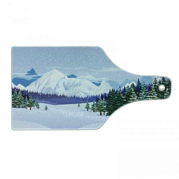 Winter Cutting Board, Graphical Silhouette of a Snowy View with Trees and Mountains Snowflakes, Decorative Tempered Glass Cutting and Serving Board, in 3 Sizes, by Ambesonne