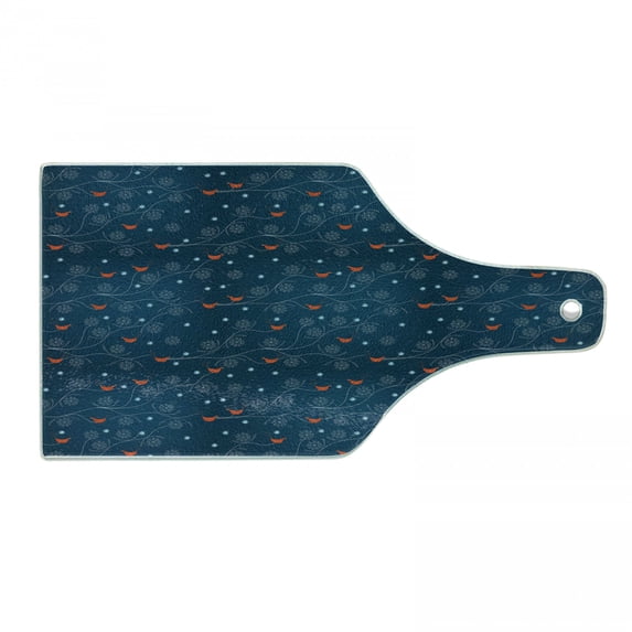 Winter Cutting Board, Orange Birds on Leafless Tree Branches Snowy Woods Nature, Decorative Tempered Glass Cutting and Serving Board, Wine Bottle Shape, Petrol Blue Orange White, by Ambesonne
