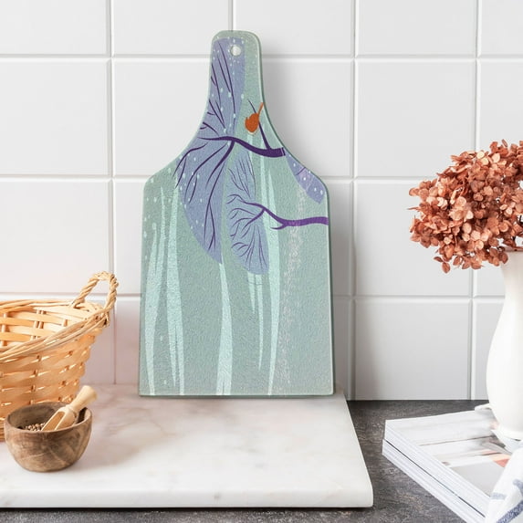 Winter Cutting Board, Seasonal Conceptual Art Purple Trees Snowy Weather Bird Animal, Decorative Tempered Glass Cutting and Serving Board, Wine Bottle Shape, Dust Purple Orange, by Ambesonne