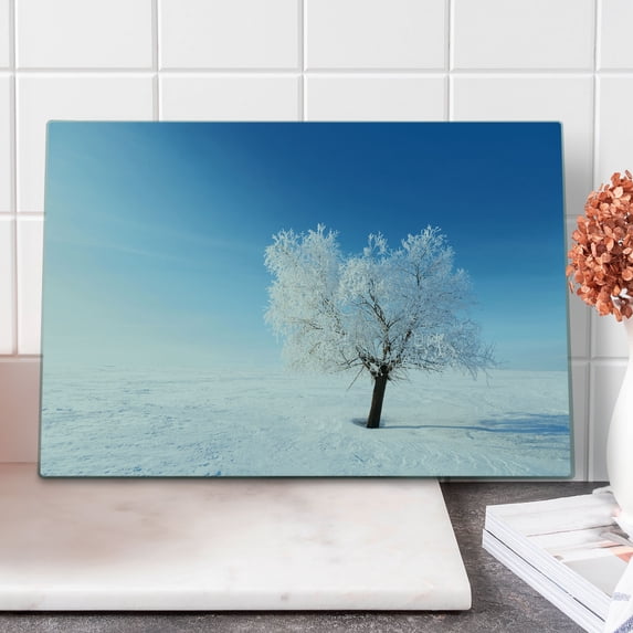 Winter Cutting Board, Single Tree on Snow Cover Field with Vibrant Sky Blizzard Frozen Concept, Decorative Tempered Glass Cutting and Serving Board, Large Size, Blue White, by Ambesonne