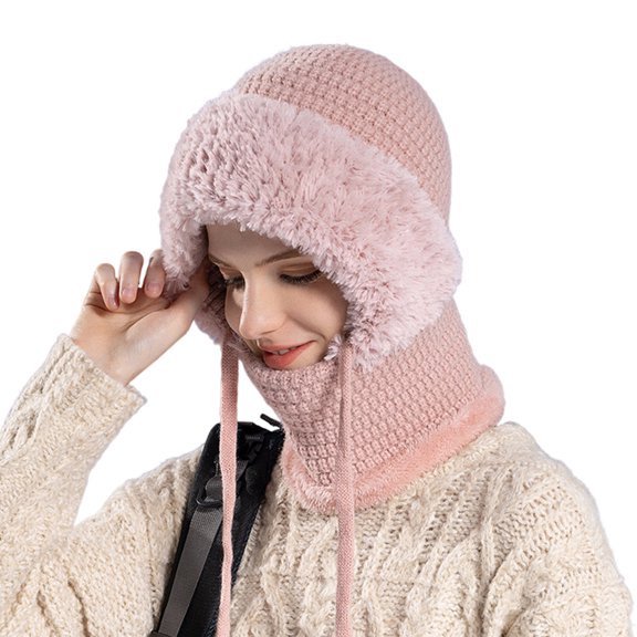 Winter Cycling Hat with Integrated Face Shield And Neck Warmer Windproof Drawstring Thick Plush Full Protecting Outdoor Scarf Cold Weather Headwear