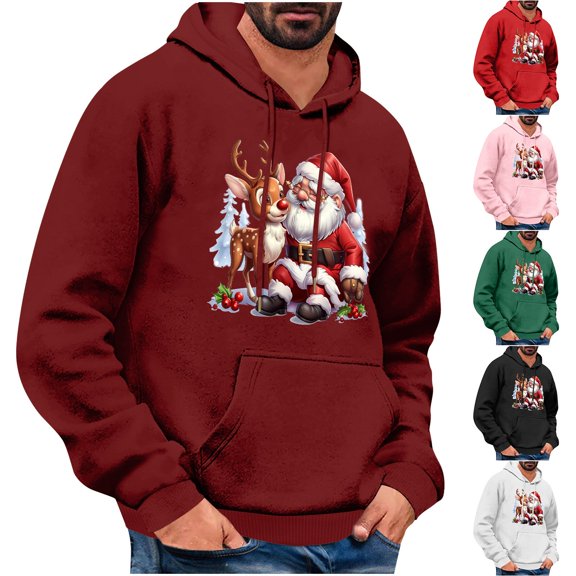 Winter Deal! Kctiaxy Black Mens Hoodies Christmas Pulloer Crewneck Drawstring Hooded Sweatshirts Causal Long Sleeve Warm Sweater Jcaket Fall Winter with Pockets