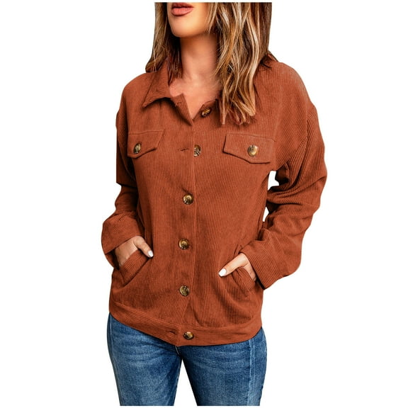 Winter Stylish Olyvenn Women's Corduroy Jacket Lapel Button Down Long Sleeve Pockets Trucker Jean Jackets with Pockets Brown 12
