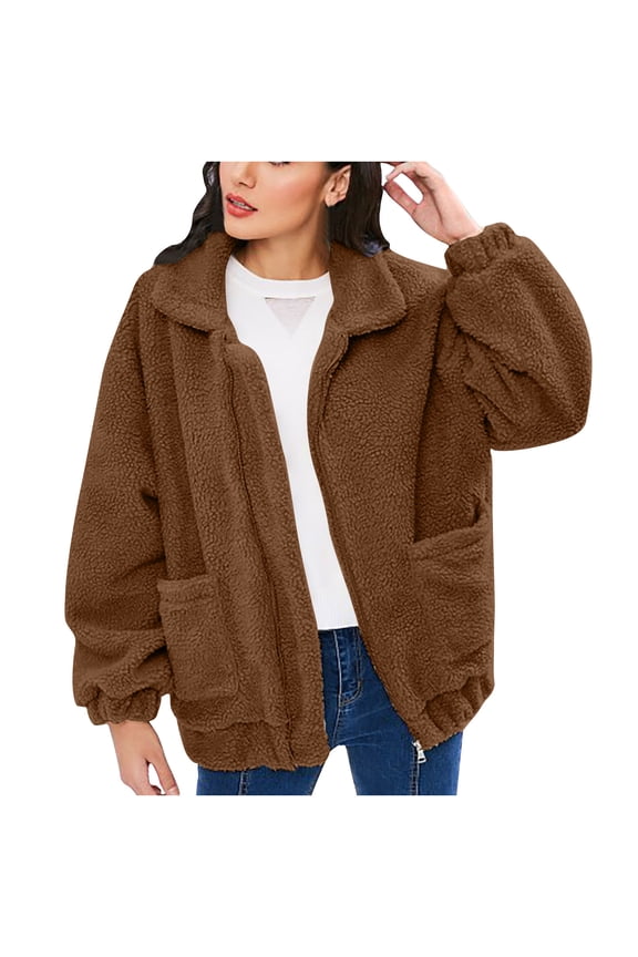 Winter Stylish Olyvenn Women's Winter Warm Faux Fur Fleece Zip Up Oversized Crop Jacket Coat with Pockets Faux Fur Fleece Coat for Women Trendy Brown 4
