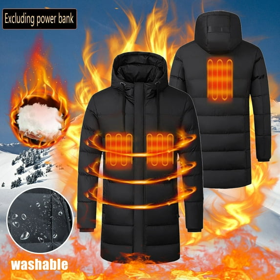 Kctiaxy Black Mens Winter Jacket Fashion Long Sleeve Hooded Heated Jacket Printed USB Charging Zipper Outdoor Hiking Fishing Warm Jacket Without Battery