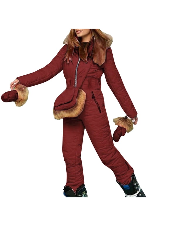 Women's Winter Ski Suit One Piece Hooded Insulated Ski Jumpsuit Snowsuit Outdoor Waterproof Snowboard Sports Coat Coveralls