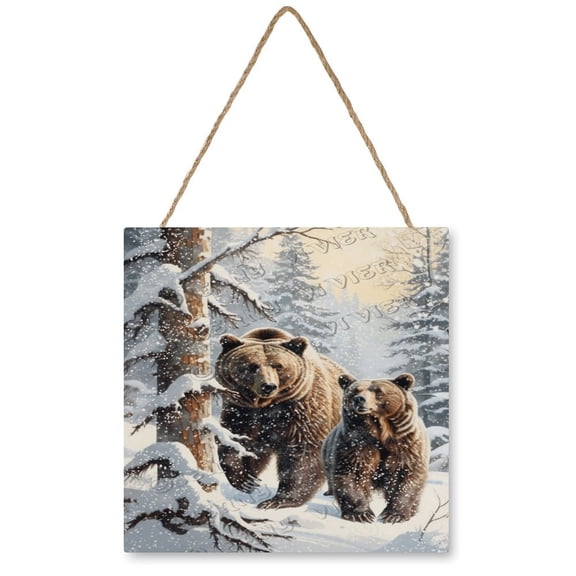 Winter Decor Bear Wood Sign Christmas Decorative Sign Hanging Wooden Plaque Decoration - Rustic Wood Farmhouse Sign 12x12 inches