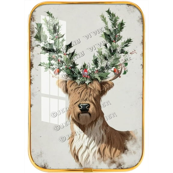 Winter Decor, Cow Framed Wooden Wall Art For Crafts, Christmas Holly Prints Home Decor, Rustic Deer Wall Decor For Office, Gold Framed Artwork Ready to Hang 12x8 inches