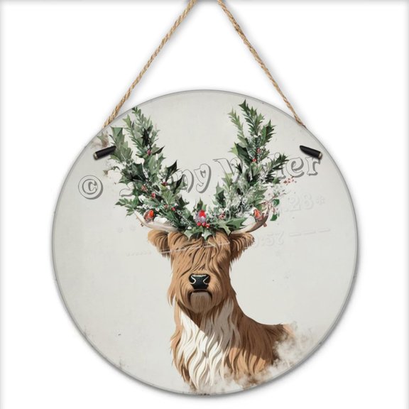 Winter Decor, Cow Round Wooden Sign for Crafts, Christmas Holly Home Decor Cabin Wall Sign, Rustic Deer Winter Wall Art Sign Chic Shabby Farmhouse Wood Hanging Sign 12x12 inches
