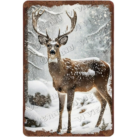 Winter Decor Deer Aluminum Sign Vintage Metal Sign Christmas Wall Art Winter Snow Forest Picture Cute Woodland Animal Wall Decor Outside Christmas Decor 12x8 inches
