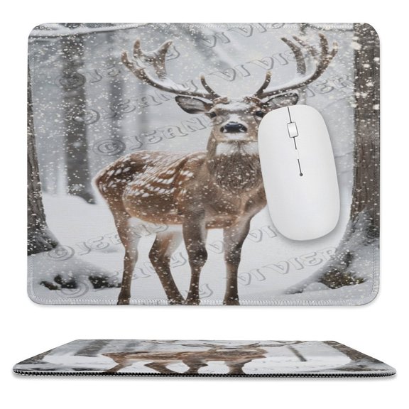 Winter Decor Deer Printed Mouse Pad, 10"x12", Computer Mouse Pads, Stitched Edges, Non-Slip Rubber Base Mouse Mat for Office Laptop