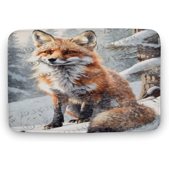 Winter Decor Fox Print Bath Rug, Coral Velvet, 20"x32",Non Slip Washable Bathroom Rugs, Soft, Used for Bathroom Kitchen Bedroom
