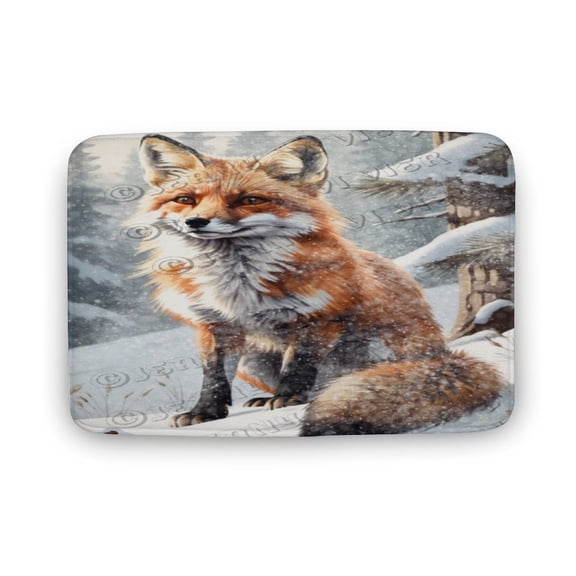 Winter Decor Fox Print Bath Rug, Coral Velvet, 20"x32",Non Slip Washable Bathroom Rugs, Soft, Used for Bathroom Kitchen Bedroom