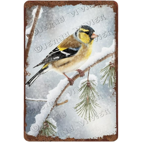 Winter Decor Goldfinch Aluminum Sign Vintage Metal Sign Christmas Wall Art Winter Snow Forest Picture Cute Woodland Animal Wall Decor Outside Christmas Decor 12x8 inches