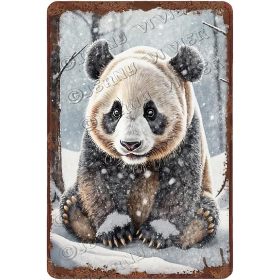 Winter Decor Panda Vintage Aluminum Sign Christmas Party Decorative Winter Snow Forest Picture Cute Woodland Animal Wall Decor for Bedroom Living Room 12x8 inches