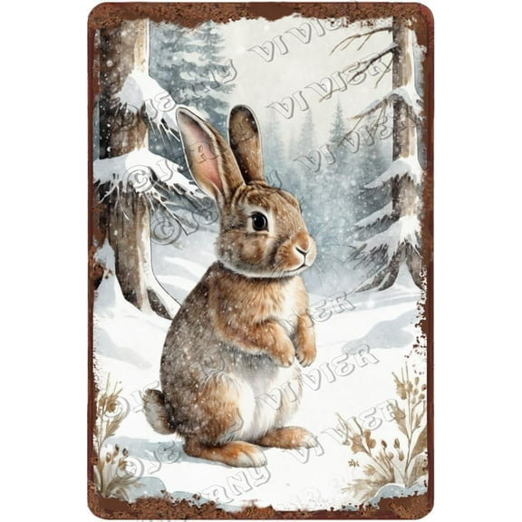 Winter Decor Rabbit Aluminum Sign Vintage Metal Sign Christmas Wall Art Winter Snow Forest Picture Cute Woodland Animal Wall Decor Outside Christmas Decor 12x8 inches