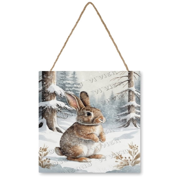 Winter Decor Rabbit Wood Sign Christmas Decorative Sign Rustic Hanging Wood Plaques For Bedroom Living Room 12x12 inches
