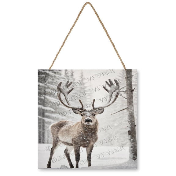 Winter Decor Reindeer Decorative Wood Hanging Wood Plaque, Rustic Door Sign, Wall Decor Art, Housewarming Gift 12x12 inches