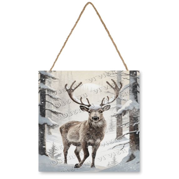Winter Decor Reindeer Wood Sign Christmas Decorative Sign Rustic Farmhouse Decorations,Wall Hanging Welcome Sign for Front Door 12x12 inches