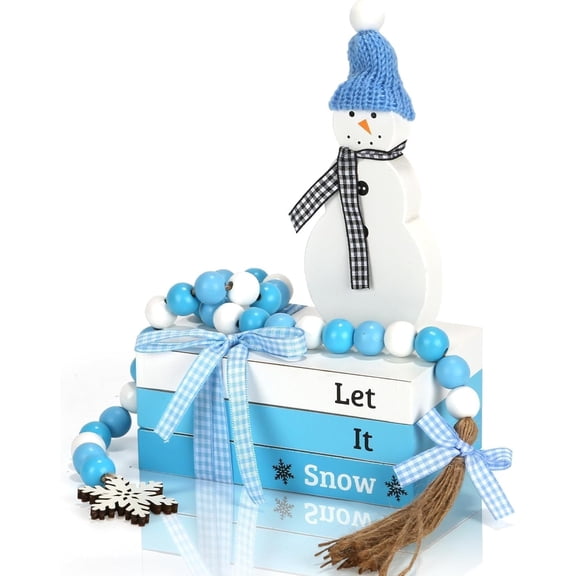 Winter Decorations 5 PCS Table Centerpiece Snowman Decor, Cute Tabletop Winter Decor for Tiered Tray Shelf Mantel Fireplace Coffee Bar Office Desk, New Year Decorations Faux Book Snowman Bead Garland