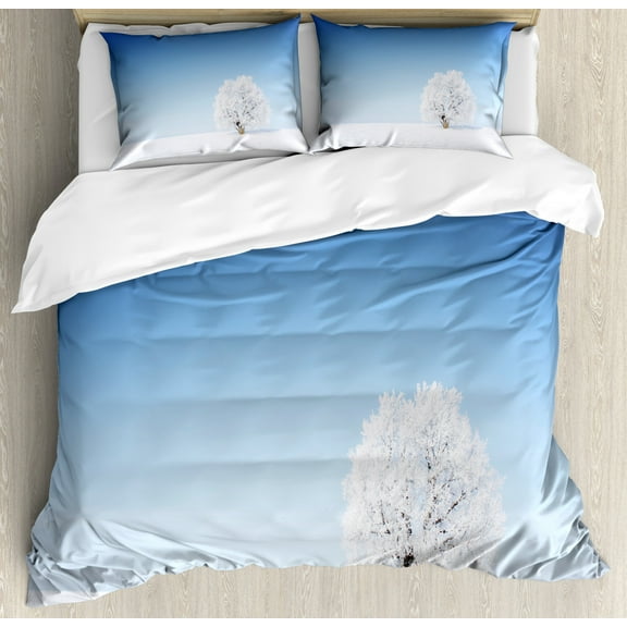 Winter Decorations King Size Duvet Cover Set, Alone Winter Life of Tree in Snowy Environment Cold Lands Peace Concept, Decorative 3 Piece Bedding Set with 2 Pillow Shams, White Blue, by Ambesonne