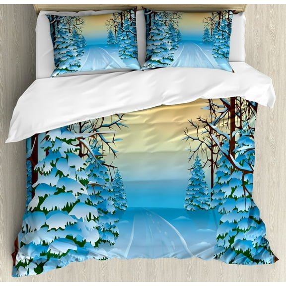 Winter Decorations King Size Duvet Cover Set, Forest View Paint Print with Snowy Path between Trees and Sun on Sky, Decorative 3 Piece Bedding Set with 2 Pillow Shams, Blue Yellow, by Ambesonne
