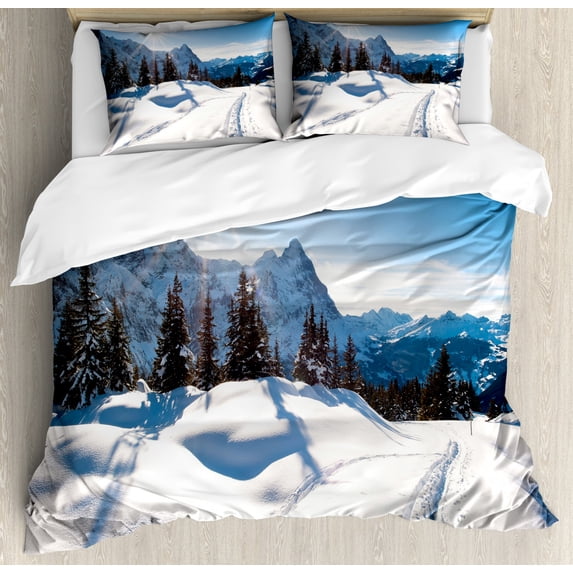 Winter Decorations King Size Duvet Cover Set, Panoramic Winter Scenery on Mountain with Sunny Weather and Trees Photo, Decorative 3 Piece Bedding Set with 2 Pillow Shams, White Blue, by Ambesonne