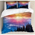 thumbnail image 1 of Winter Decorations Queen Size Duvet Cover Set, Sunset in Mountains with Hazy Lights with Magical Dawn Horizon Theme, Decorative 3 Piece Bedding Set with 2 Pillow Shams, Orange Blue, by Ambesonne, 1 of 3