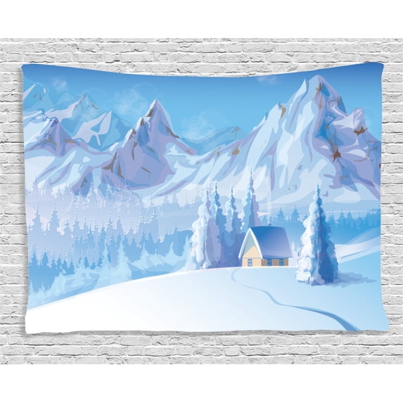Winter Decorations Tapestry, Little House below Majestic Mountains in Winter Ice Blizzard Frozen Back Decor, Wall Hanging for Bedroom Living Room Dorm Decor, 80W X 60L Inches, Blue, by Ambesonne