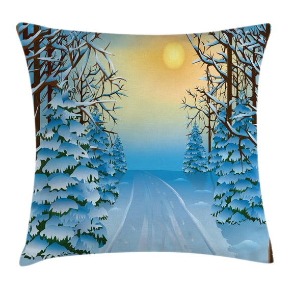 Winter Decorations Throw Pillow Cushion Cover, Forest View Paint Print with Snowy Path between Trees and Sun on Sky, Decorative Square Accent Pillow Case, 24 X 24 Inches, Blue Yellow, by Ambesonne