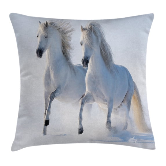 Winter Decorations Throw Pillow Cushion Cover, Galloping Noble Horses on Snow Field Purity Symbol Animals Equestrian Theme, Decorative Square Accent Pillow Case, 18 X 18 Inches, White, by Ambesonne