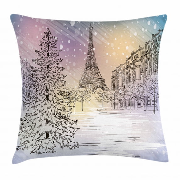 Winter Decorations Throw Pillow Cushion Cover, Image of Stormy Winter Day in Paris Streets Eiffel Tower Europe Scene, Decorative Square Accent Pillow Case, 20 X 20 Inches, Pink White, by Ambesonne