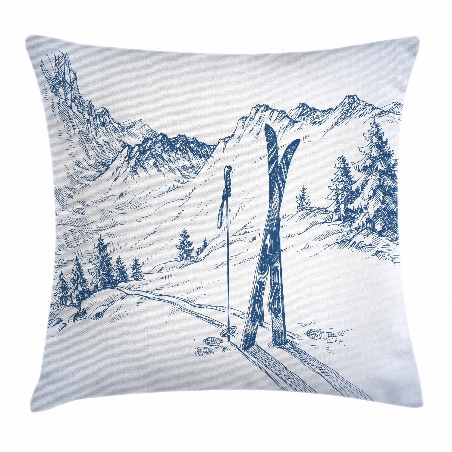 Winter Ski Scene Blue and White Polyester Throw Pillow