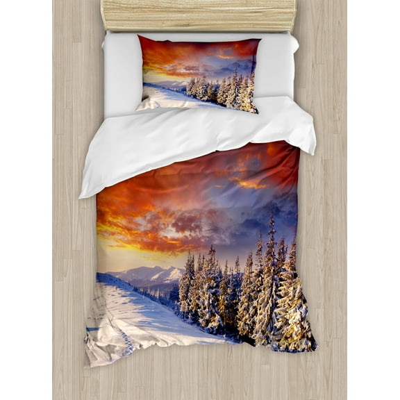 Winter Decorations Twin Size Duvet Cover Set, Epic Cloudy Sky over Majestic Mountains and Footsteps on Valley Decor, Decorative 2 Piece Bedding Set with 1 Pillow Sham, Orange White, by Ambesonne