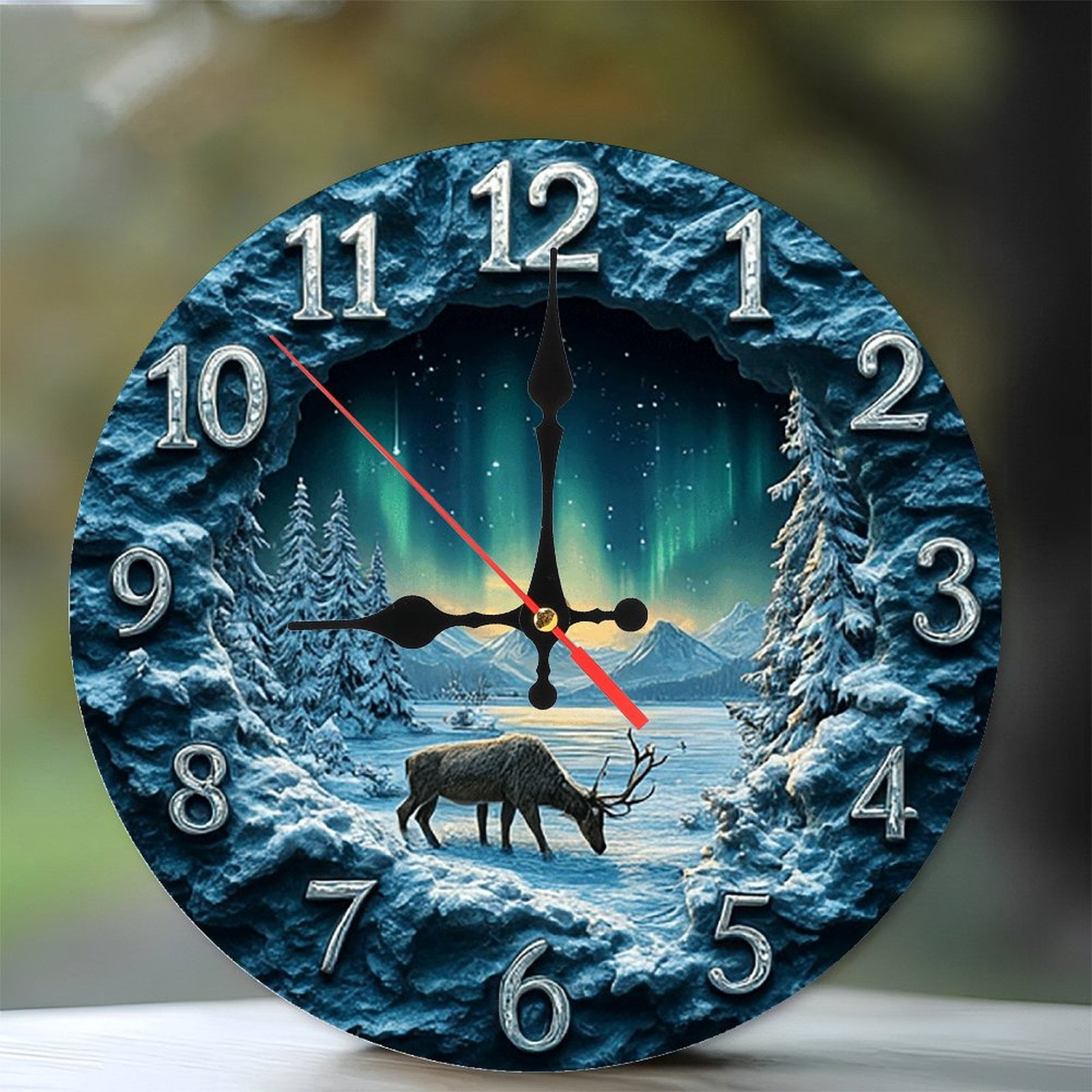 Winter Deer Aurora Northern Lights Clock Wall Decor 10-Inch Silent ...