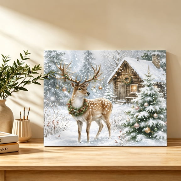 Winter Deer Canvas Wall Art, Christmas Snow Cabin Pine Tree Rustic Cottagecore Wall Art Prints Artwork Framed Canvas Ready to Hang Art Pictures for Bathroom Bedroom Entry Desk Corner 10" x 8"