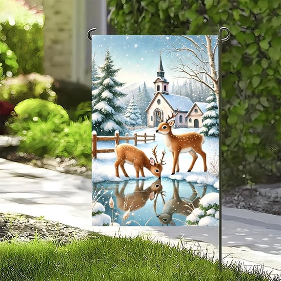 Winter Deer Double Sided Garden Flag, Snowy Chapel Yard Decor, Premium Polyester Forest House Flag, Religious Spiritual Peace Cabin Design, 12 x 18 Inch