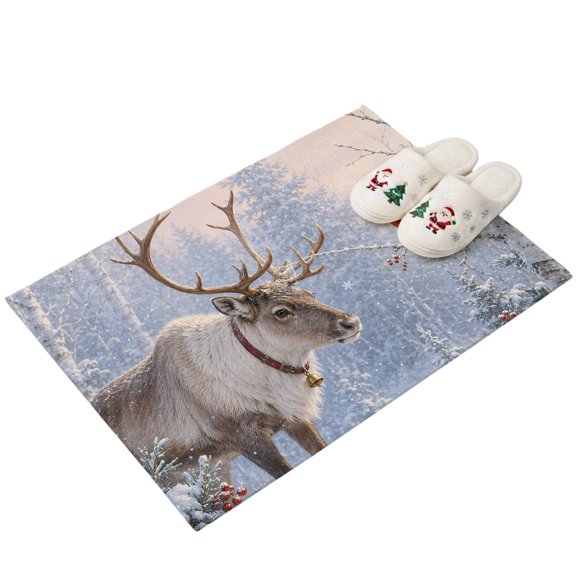 Winter Deer Entryway Rug 2'x3' Country Dreamy Forest Pine Tree Berry Red Bird Snow Small Area Rug Non-Slip Front Door Mat Washable Floor for Front‑Door Area, Kitchen Sink Zone, Bathroom