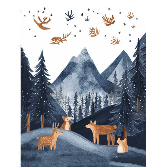 Winter Deer Forest Canvas Art Print Suitable for Living Room Bedroom Office Nursery and Hallway Decoration.