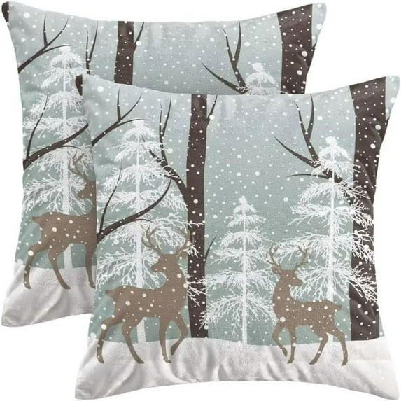 Winter Deer Pillow Covers 16x16 Inch Set of 2, Winter Landscape Snow Tree Throw Pillows Farmhouse Cotton Christmas Pillow Case for Couch Sofa Bedroom Living Room Indoor Outdoor