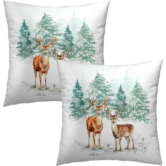 Winter Deer Pillow Covers 18x18 Set of 2 Holiday Winter Throw Pillow Covers Watercolor Nature Forest Snow Tree Decorative Pillowcase Farmhouse Throw Cushion Case Decor for Home Sofa Bedroom Livingroom
