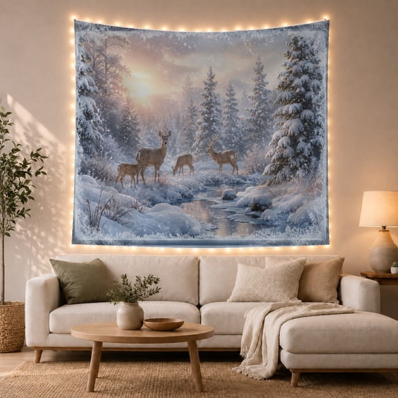 Winter Deer by Snowy Stream in Forest Serene Watercolor Illustration for Nature Lovers, Woodland Wall Art Christmas Gift Tapestry Wall Hanging for Bedroom and Living Room